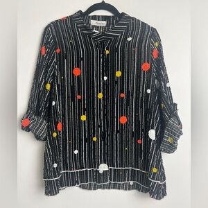 Moonlight Polka Dot Stripe Toggle Button Front Roll Tab Sleeve Blouse Artsy Sz S